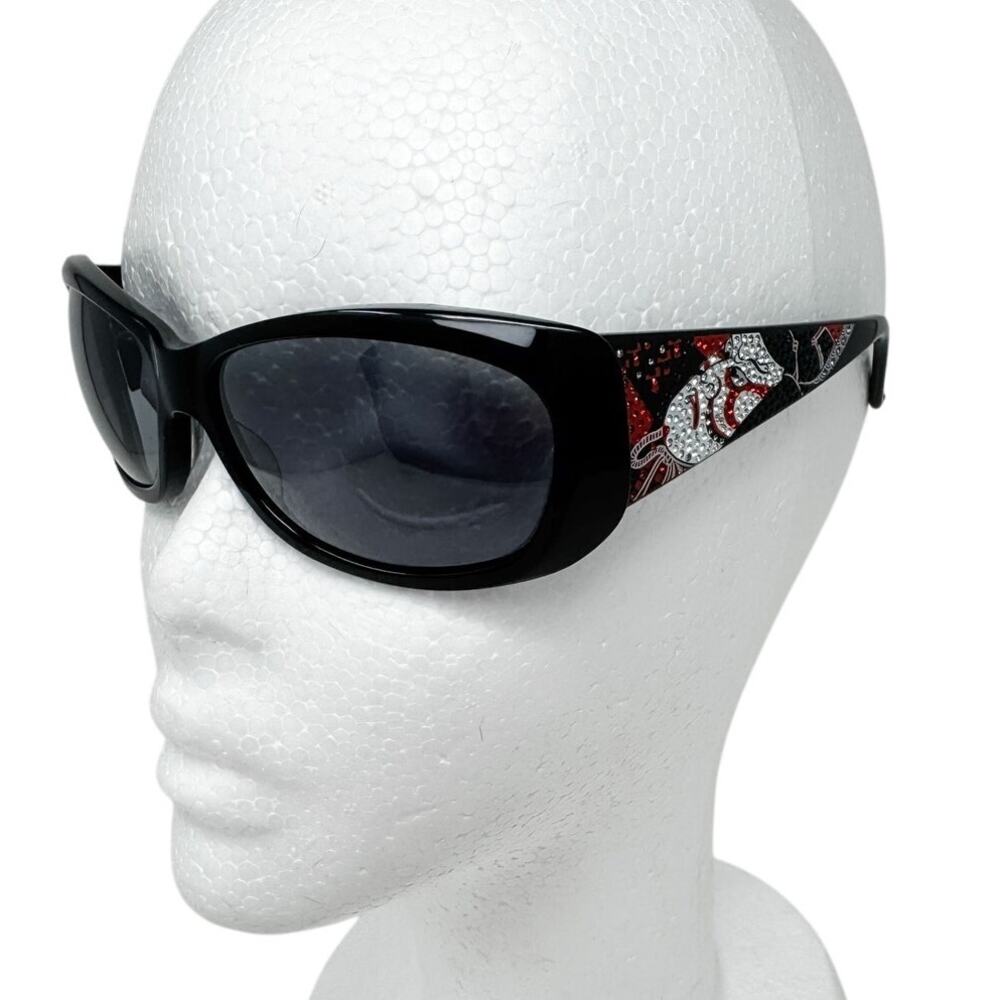 Judith Leiber vintage black red rhinestone Kabuki mask sunglasses w/ case